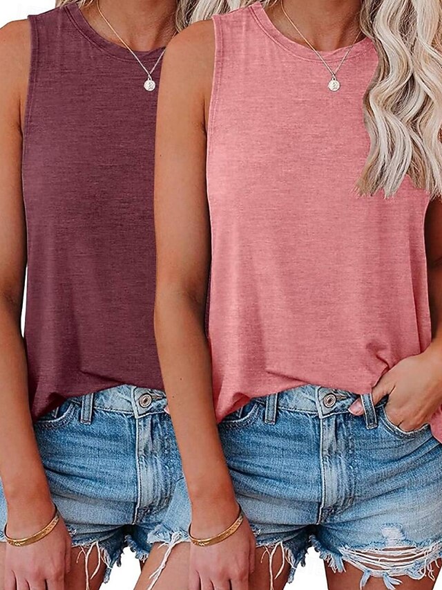 Multi Packs 2pcs Women's Crew Neck Sleeveless Red+Pink Tank