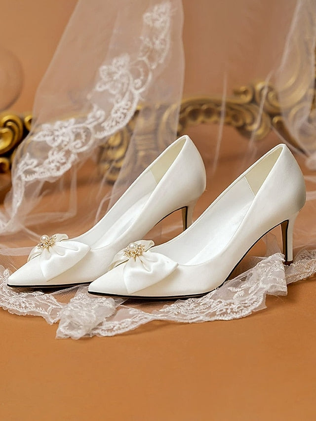 Satin – Women's Pumps Wedding Chic Bow Pointed Toe