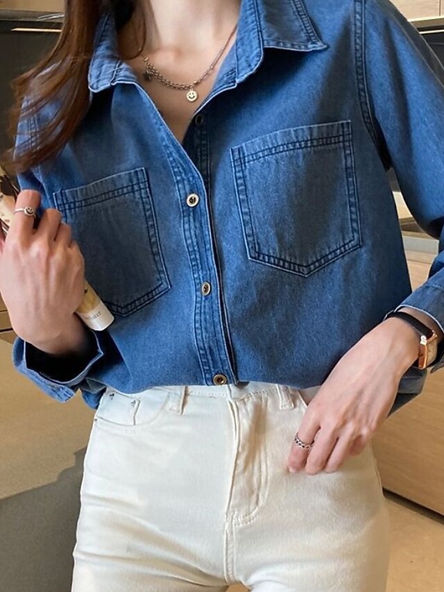 Women's Shirt Blouse Pocket Buttons Plain Casual Long