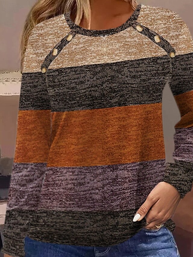 Women's T Shirt Tee Top Patchwork Buttons Striped Casual