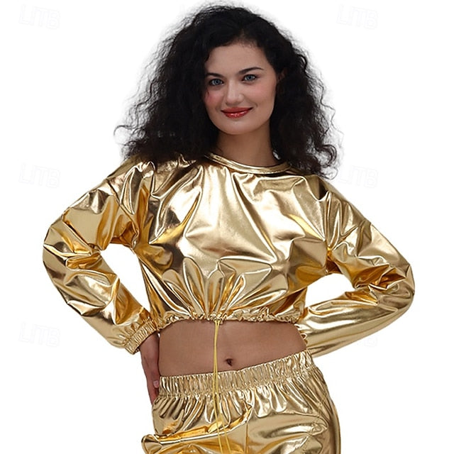 1980s Hip Hop Shiny Metallic Crop Top Sweatshirt Disco Fancy