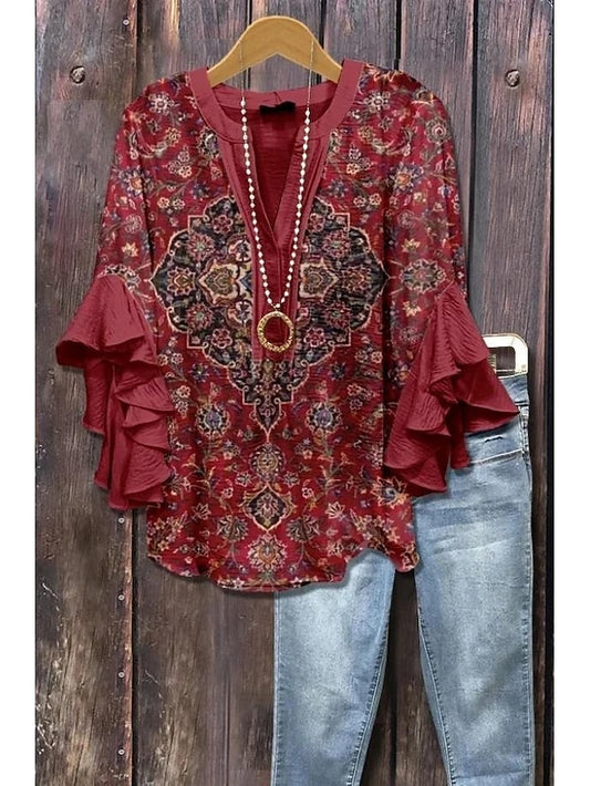 Women's Retro Blouse Layered Ruffle Sleeve Tops Vintage