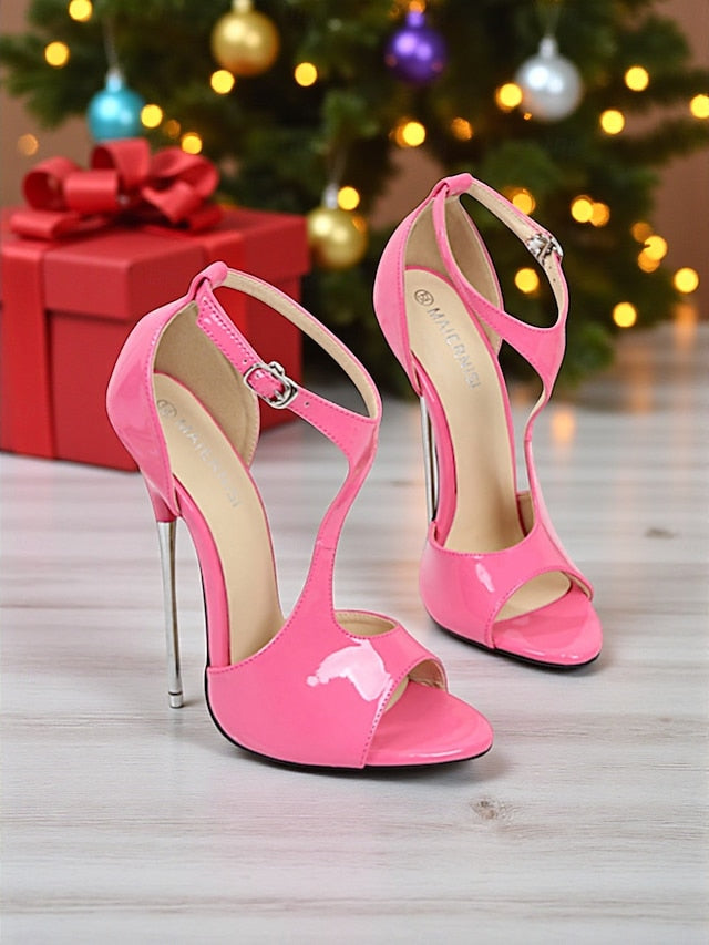 Leather Stiletto Heels Open Strappy - Women's Patent Red