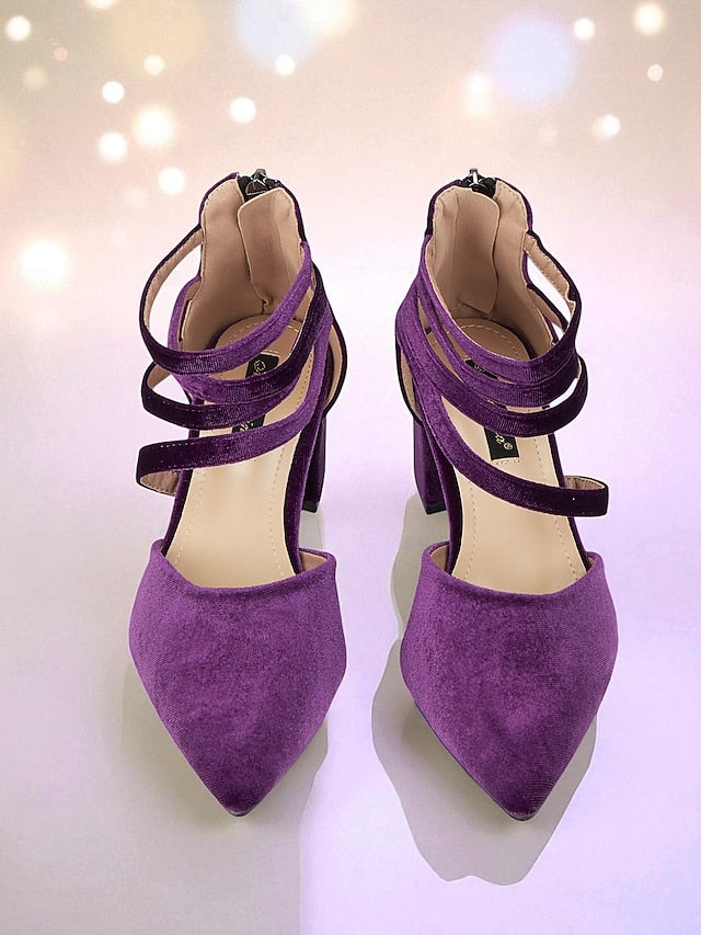 Pointed Toe Block Heel with Women's Blue Velvet Pumps