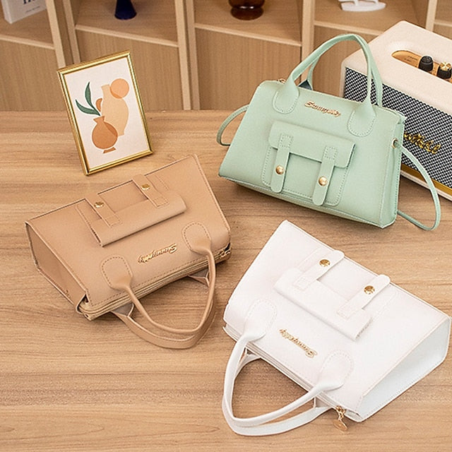 Women's White Faux Leather Handbag with Top Handle and