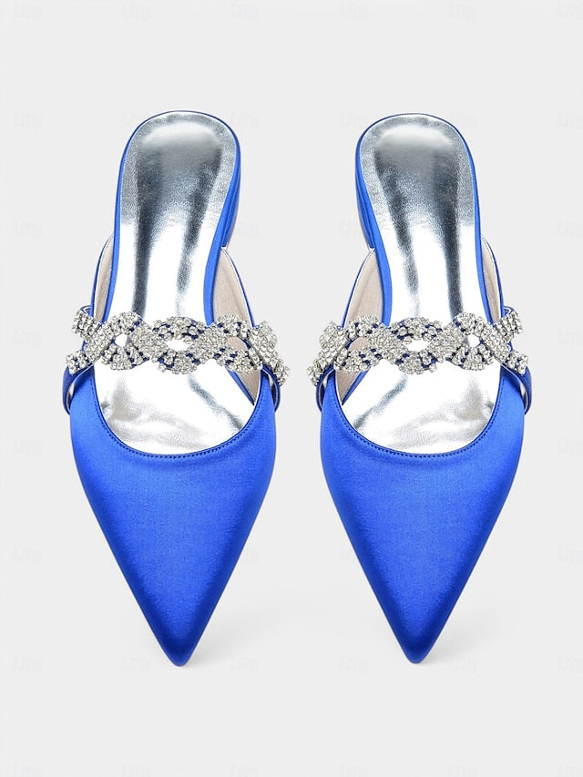 with - Detailing Mule Blue Rhinestone Pointed-Toe Satin Heels