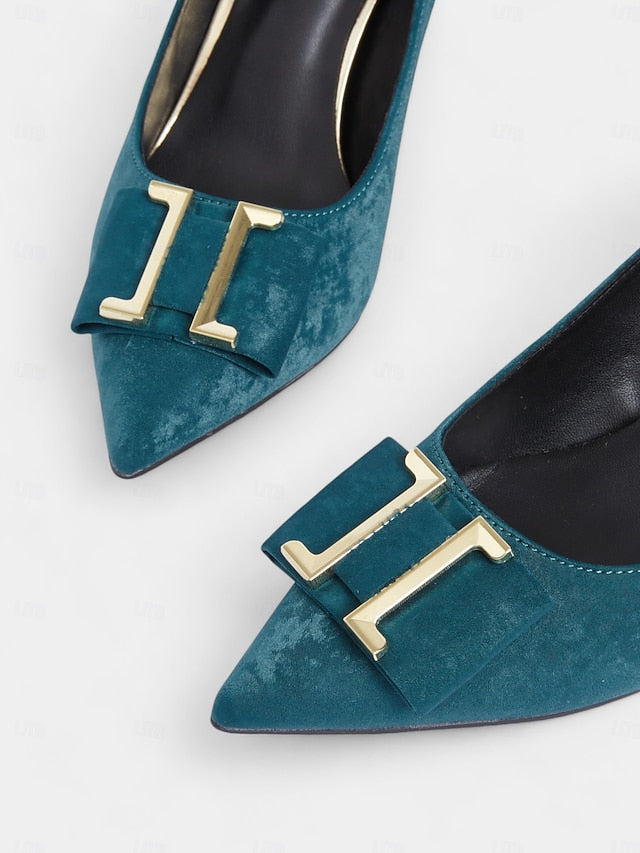 Heel Pointed Pumps Toe Elegant Teal Kitten Velvet Women's -