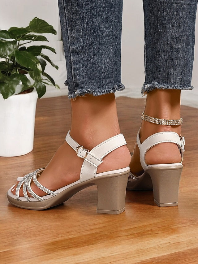 with Comfortable Rhinestones Block Sandals - Strappy Black Heel