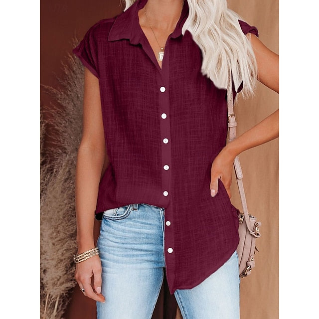 Women's Shirt Button Down Blouse Solid Color Plain Basic