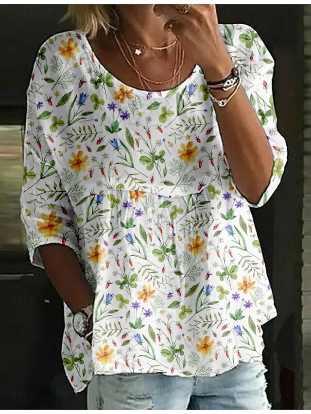 Women's Blouse Print Floral Stylish 3/4 Length Sleeve Crew