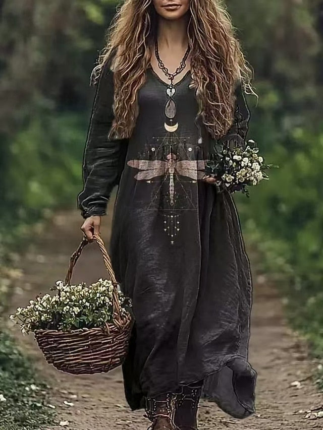 Women's Boho Dress Floral V Neck Maxi Dress Vintage Dress