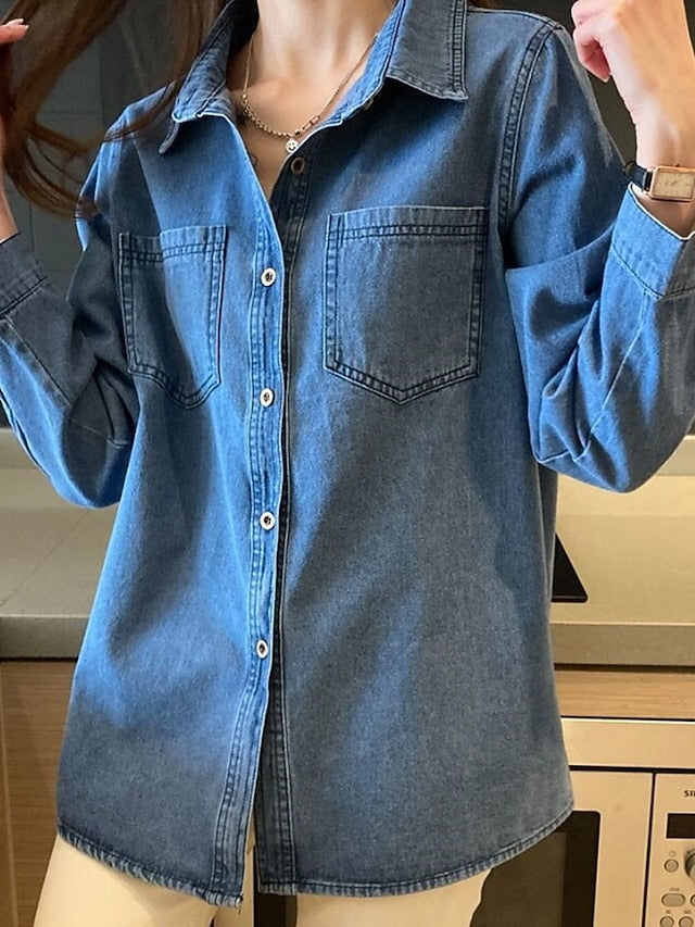 Women's Shirt Blouse Pocket Buttons Plain Casual Long