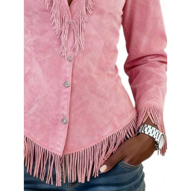 Women's Shirt Blouse Patchwork Buttons Fringe Plain Stylish