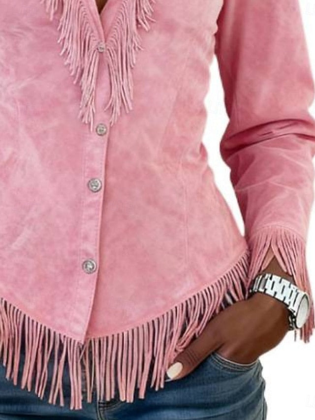 Women's Shirt Blouse Patchwork Buttons Fringe Plain Stylish