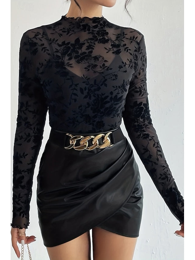 Women's Blouse Mesh Plain Stylish Long Sleeve High Neck