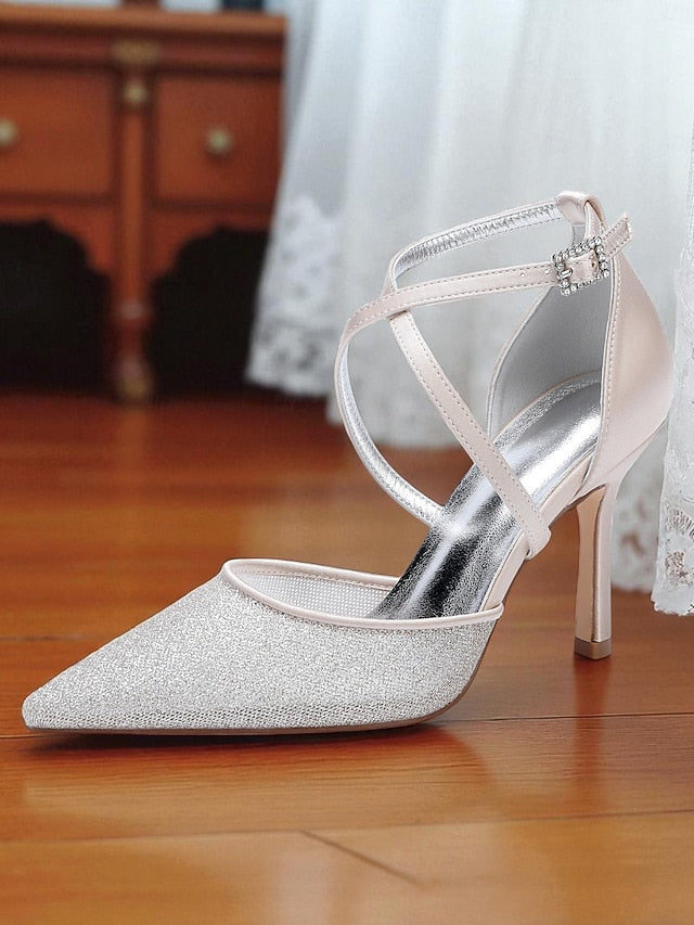 Stiletto Elegant Silver - Ankle Women's Heels Strap Glitter