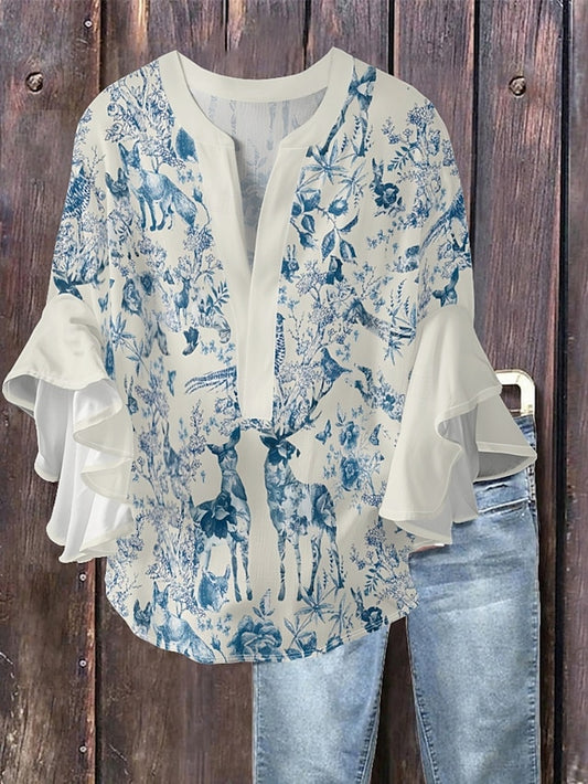 Women's Blouse Ruffle Print Floral Stylish Modern 3/4
