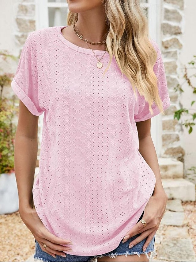 Women's Texture Blouse Eyelet Top Pointelle Tee Tunic