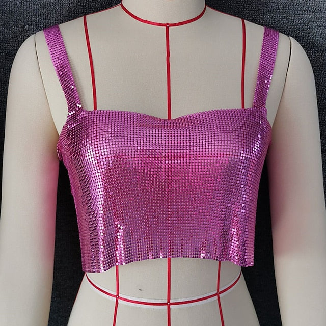 Metallic Backless Sparkle Camisole Crop Tank Top Disco Deep V