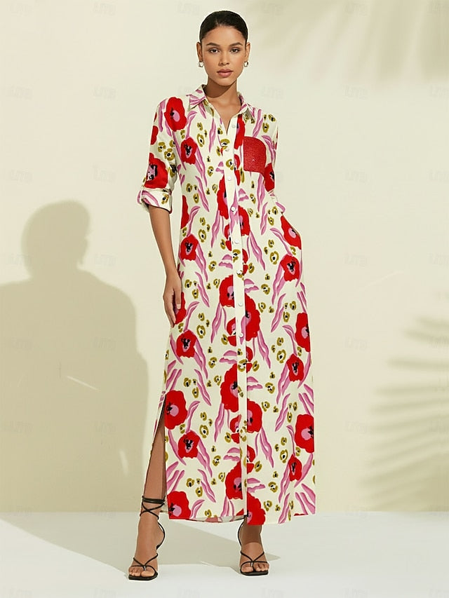 Abstract Floral Print Long Shirt Maxi Dress Vacation Casual