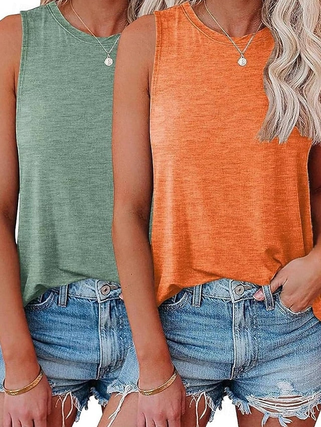 Multi Packs 2pcs Women's Crew Neck Sleeveless Red+Pink Tank