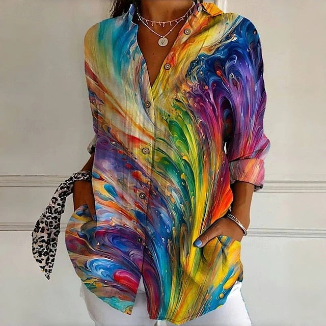 Women's Shirt Patchwork Buttons Print Graphic Geometric