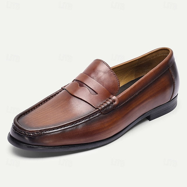 Brown Slip-On Shoes Leather Men's Loafers with Penny