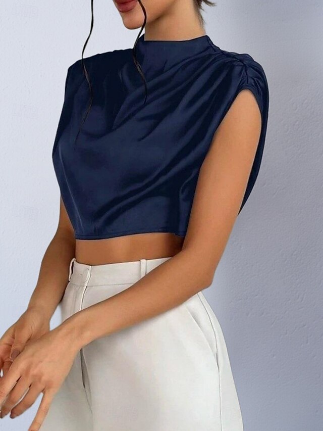 Women's Shirt Satin Shirt Blouse Wrap Crop Top Ruched Plain