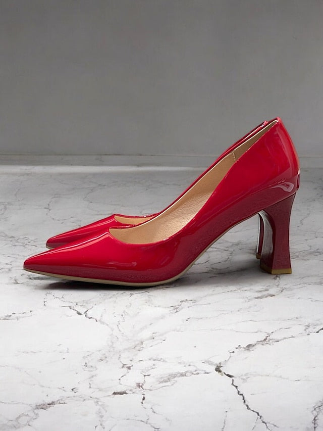 Glossy Heel Leather Pointed-Toe Patent Faux Block Pumps Green