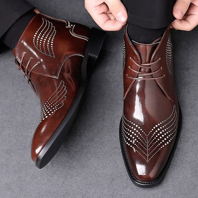 Brogue Burgundy Glossy Wingtip Ankle Faux Men's Leather