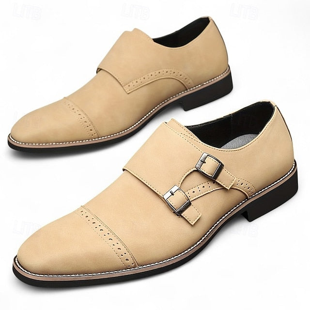 with Beige Leather Men's Strap Shoes Double Monk Faux