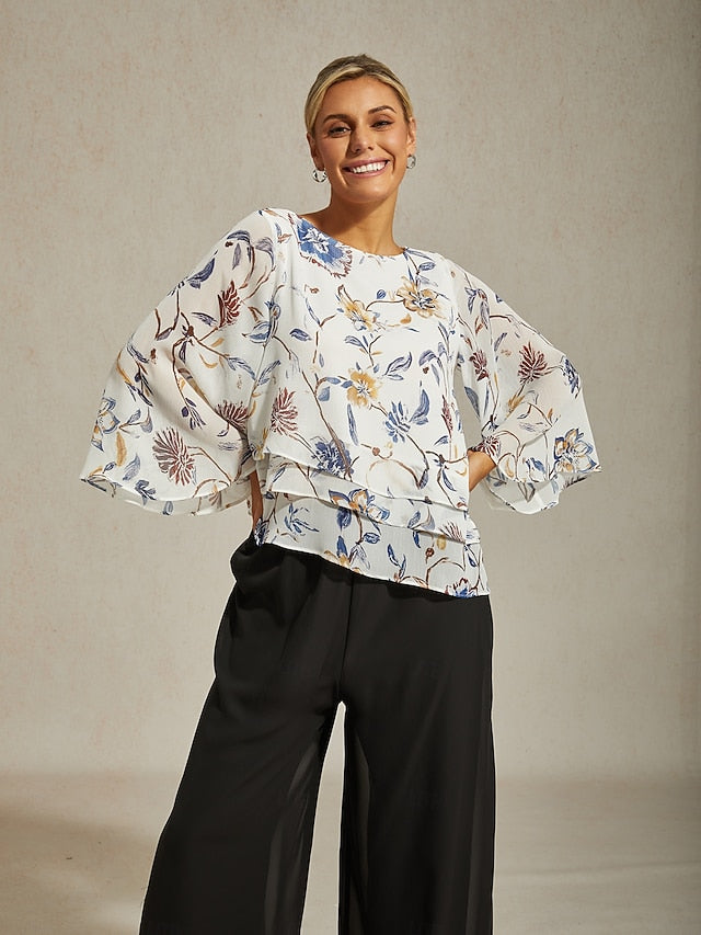 Women's Blouse Floral Print Layered Bell Sleeves Loose Fit