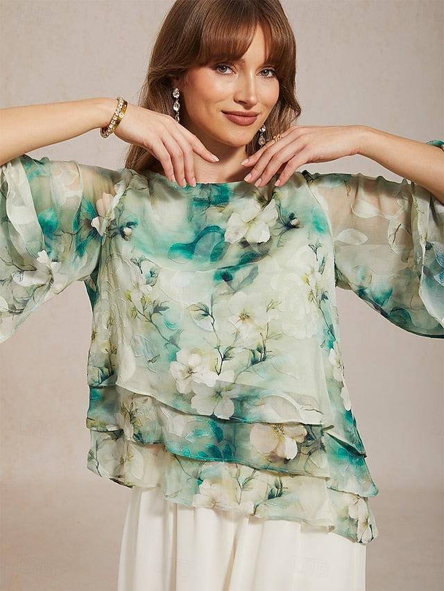 Women's Chiffon Tops Lace up Floral Elegant 3/4 Length