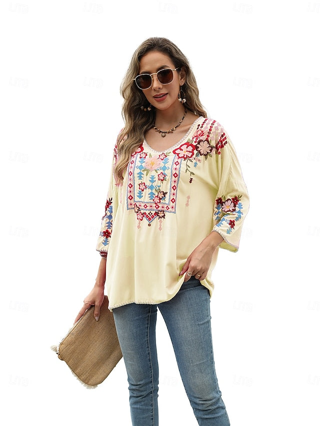 Women's Boho Shirt Embroidered Solid Color Floral Bohemia