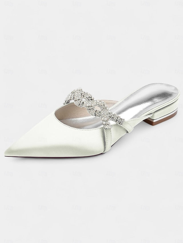 with - Detailing Mule Blue Rhinestone Pointed-Toe Satin Heels