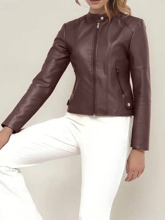 Jacket Comfortable Leather Pocket Women's Zipper Faux
