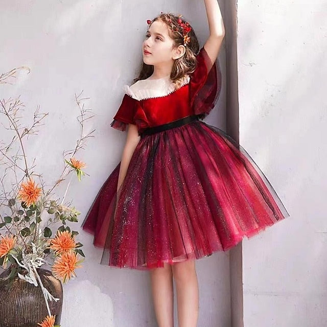 Party Flower Color Dress Short Kids Solid Girls' Girl