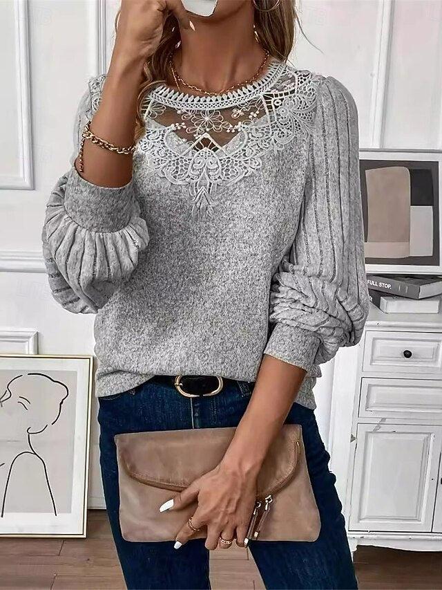 Women's Elegant Lace Tops Eyelet Blouse Casual Solid Color