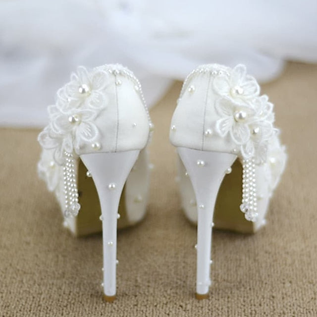Women's White Lace Floral with Platform Wedding Heels