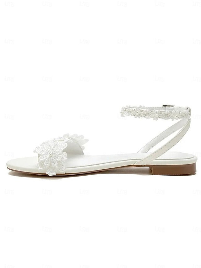 Open-Toe Block Ankle Straps Sandals Lace White Floral with Flats