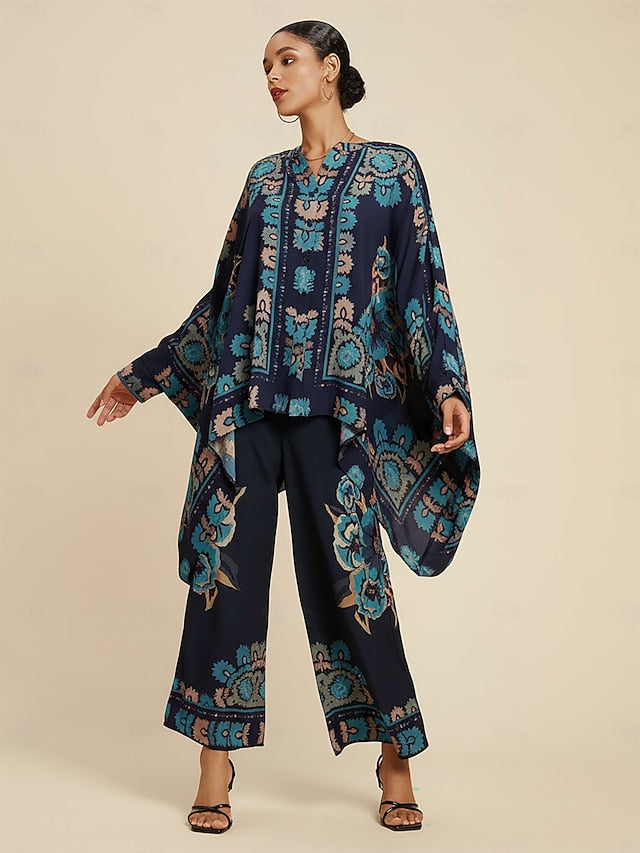 Women's Wide Leg Pants Chiffon Ethnic Floral Hawaiian Print