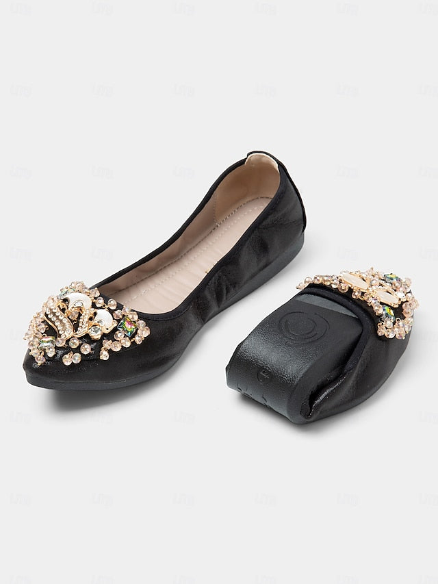 Foldable Rhinestone Flats Ballet with Black Women's