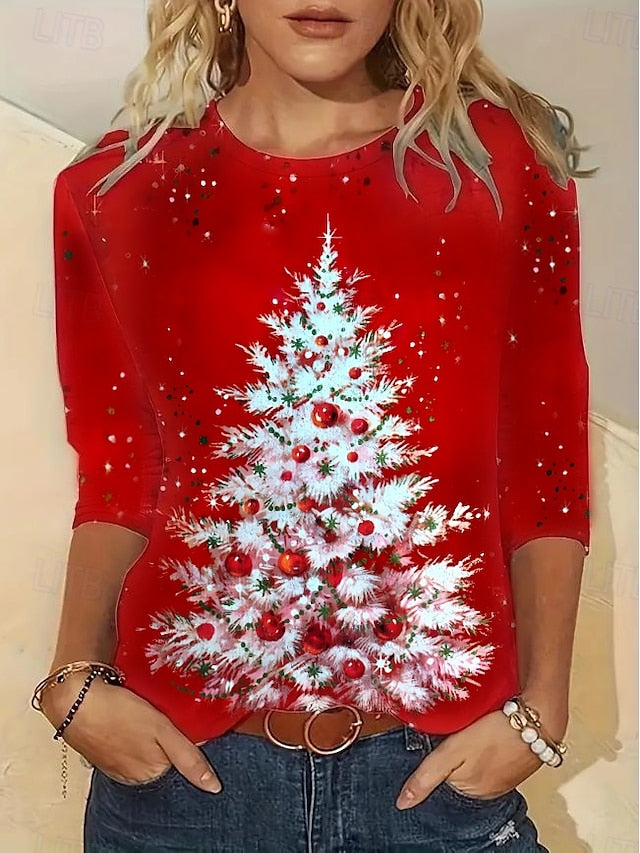 Christmas Women's T-Shirt Round Neck Red Festive Holiday