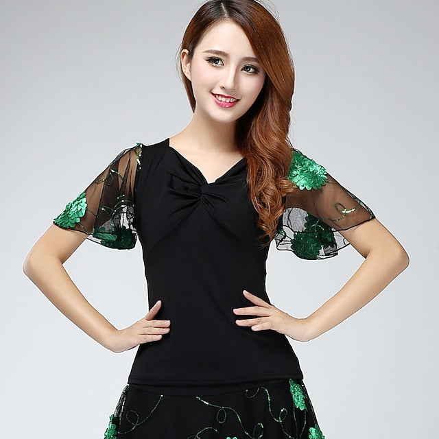 Latin Dance Ballroom Dance Top Embroidery Ruching Paillette
