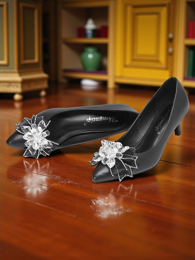 Shoes Crystal Low with Bow Wedding Women's White Heel