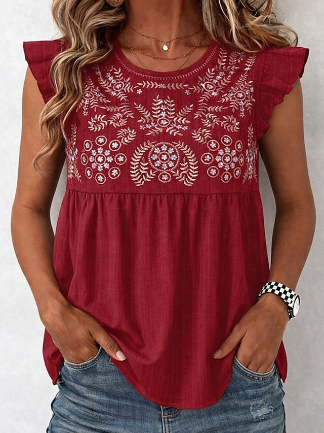 Women's T Shirt Tee Top Embroidered Floral Bohemia Vintage