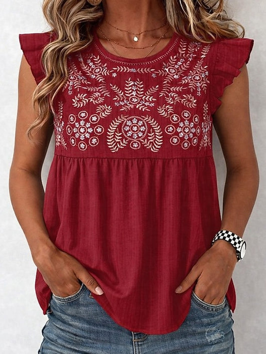 Women's T Shirt Tee Top Embroidered Floral Bohemia Vintage
