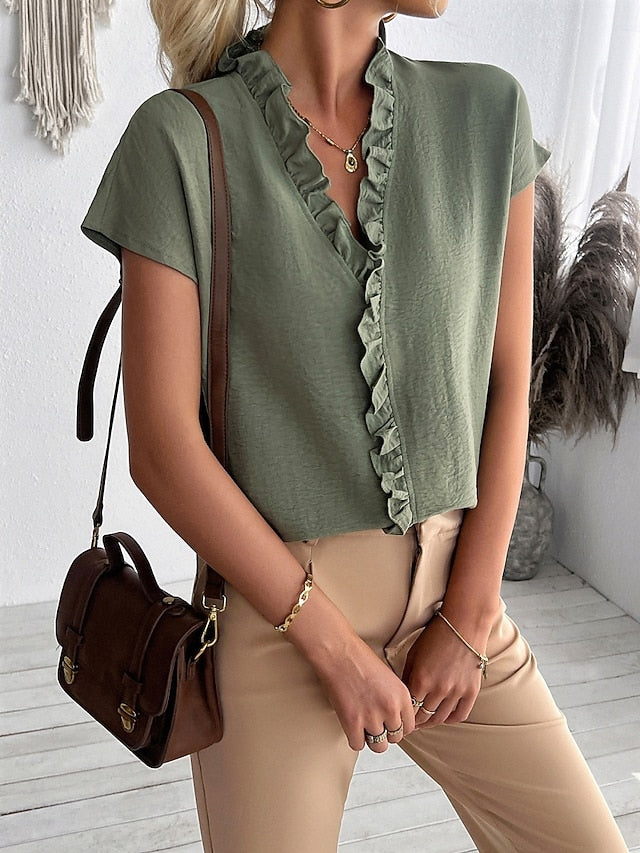 Women's Blouse Ruffle Patchwork Solid Color Stylish Basic