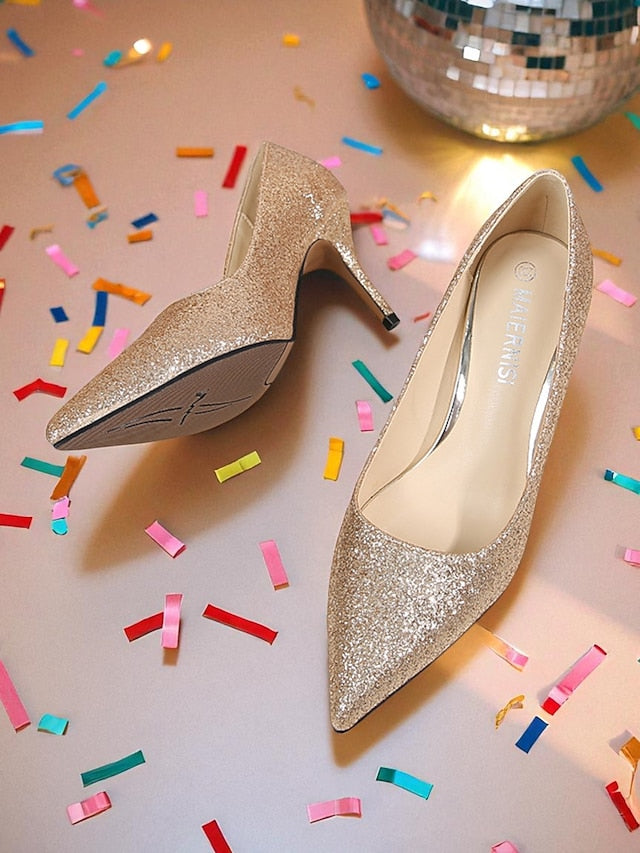 Women's Stiletto Sparkly Pumps Gold Pointed-Toe Glitter -