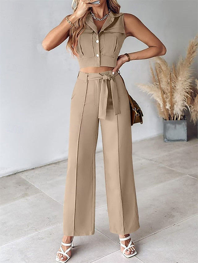 Women's Pants Sets Bolero Top Sleeveless Shirt Collar Plain